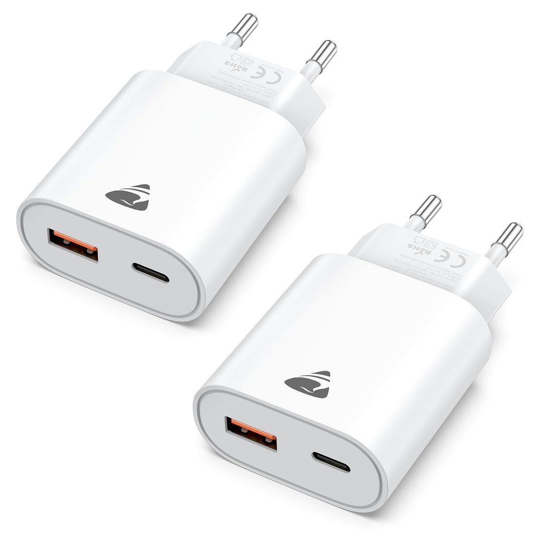 USB C Ladegerät, 2er Pack 20W Schnellladegerät mit 2-Fach USB Stecker (USB-C & USB-A), Handy Ladeger