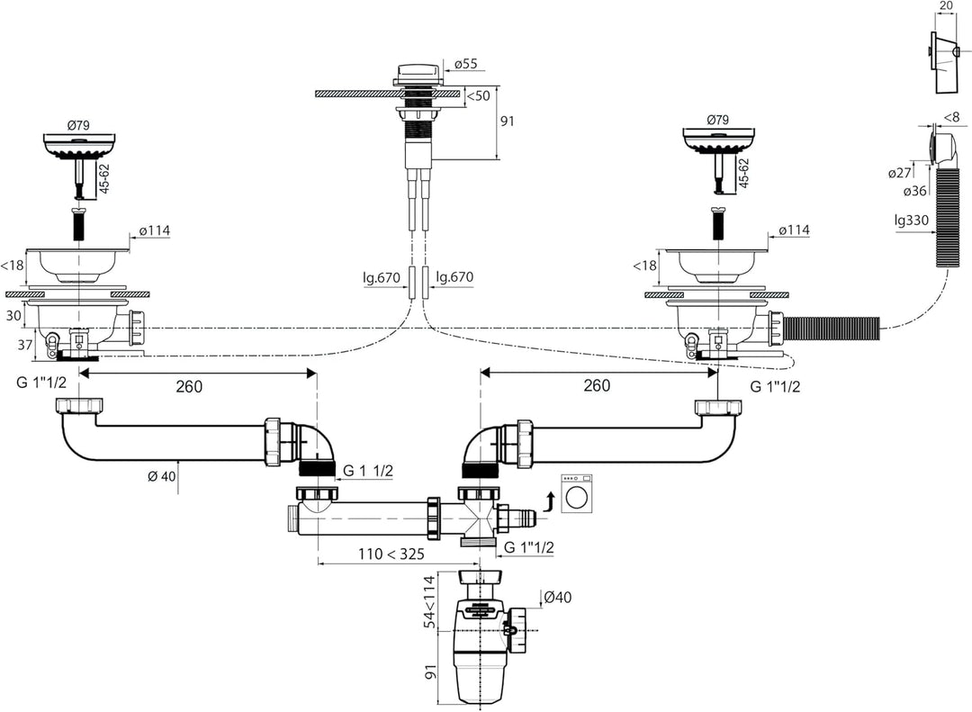 Wirquin 30724378 Ablaufgarnitur und Siphon für Spülbecken 2 Becken mit Siphon Wirquin Neo Air, chrom