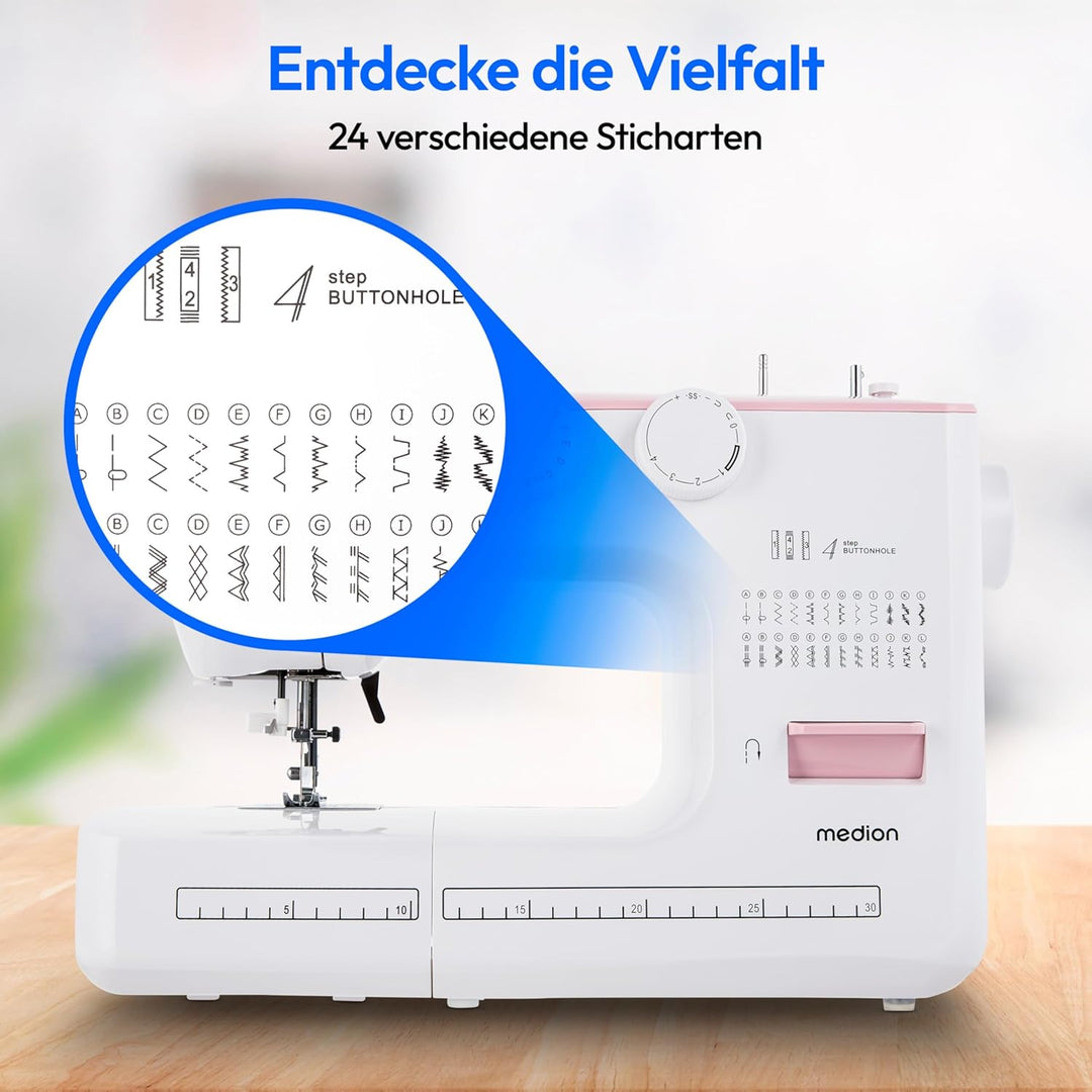 MEDION Freiarm-Nähmaschine SM60 (60 Watt, 60 verschiedene Stichmuster mit Knopflöchern, LED Nählicht