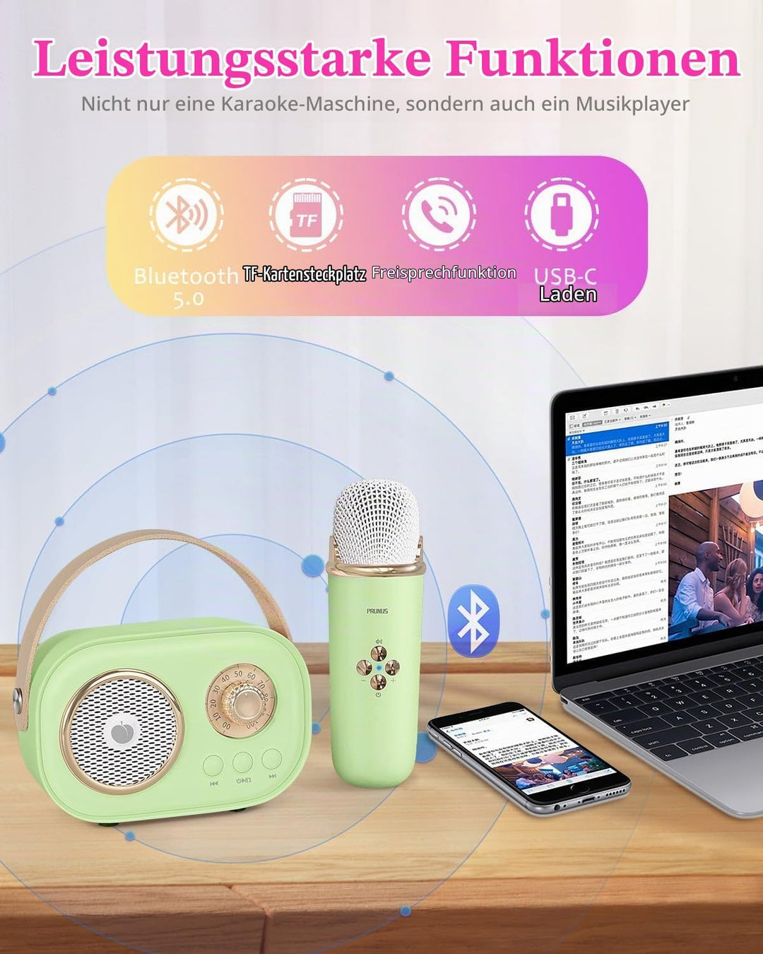 PRUNUS Karaoke Maschine Kinder mit 2 Mikrofonen, Mini Karaoke Set mit Stereosound und Heavy Bass für