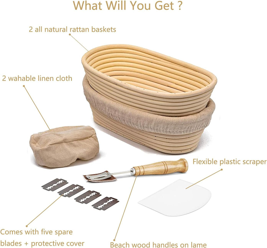 Gärkörbchen Oval 2er Set(Ø 25cm),Gärkorb Natürlichem Peddigrohrmit Banneton Proofing Basket Brotform