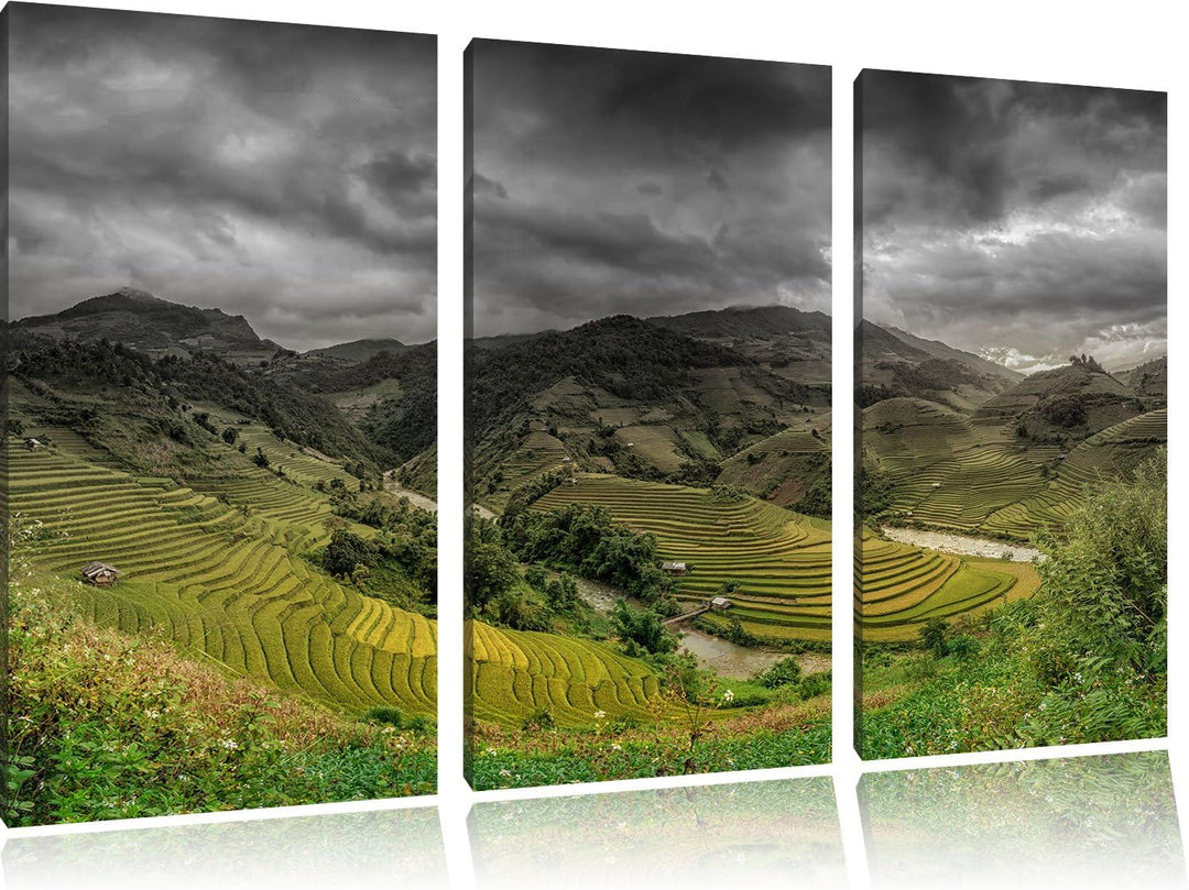 Pixxprint eine Berg Farm in Asien B&W Detail 3-Teiler Leinwandbild 120x80 Bild auf Leinwand