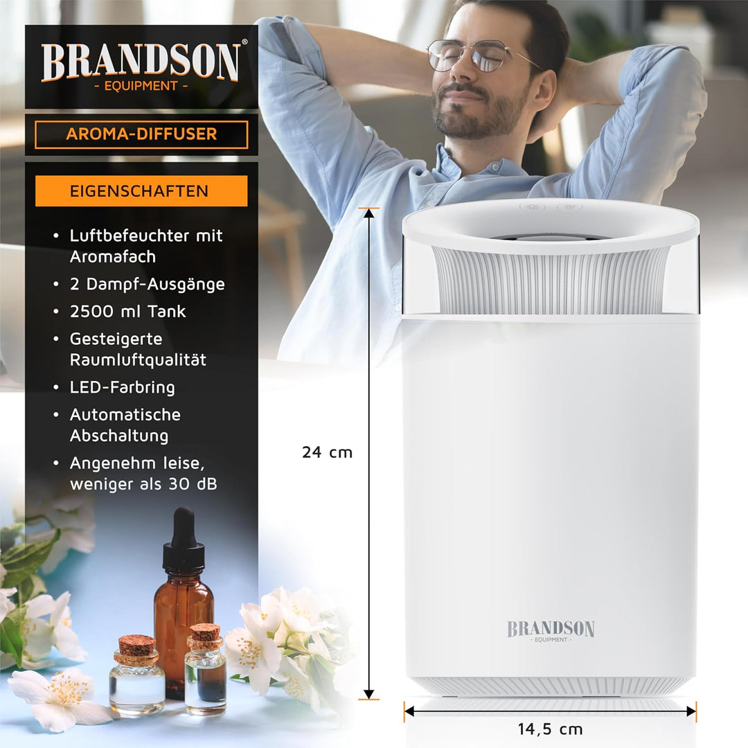 Luftbefeuchter 2,5 Liter leise - 7 LED Farben Stimmungslicht – 2 schaltbare Dampfausgänge – integrie