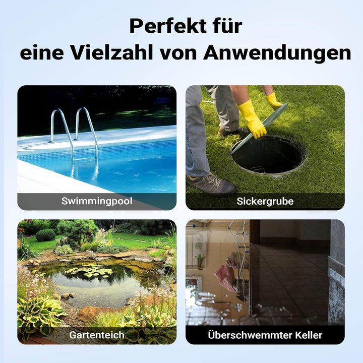 Wiltec Tauchpumpe mit Schwimmer Edelstahl 400 W, flachabsaugende Pumpe bis 1 mm, Tiefbrunnenpumpe bi