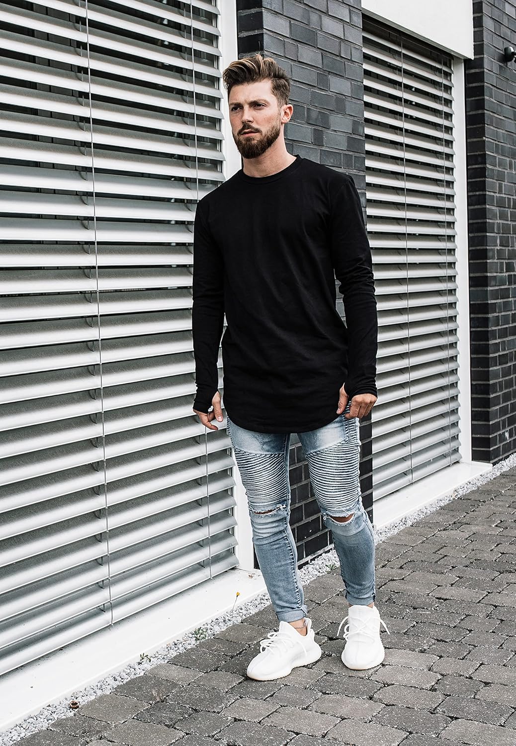 Blackskies Round Longsleeve T-Shirt | Langes Oversize Fashion Basic Langarm Herren Longshirt Long Te