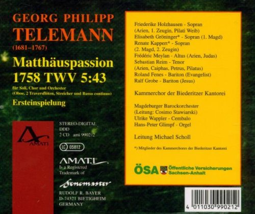 Matthäus-Passion (1758) Twv 5:, Audio-CD