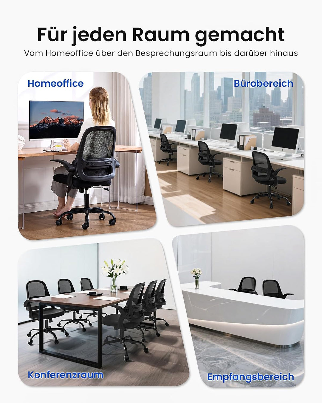 LukkDys Bürostuhl Ergonomisch, Schreibtischstuhl mit klappbaren Armlehnen, Mesh Computerstuhl höhenv