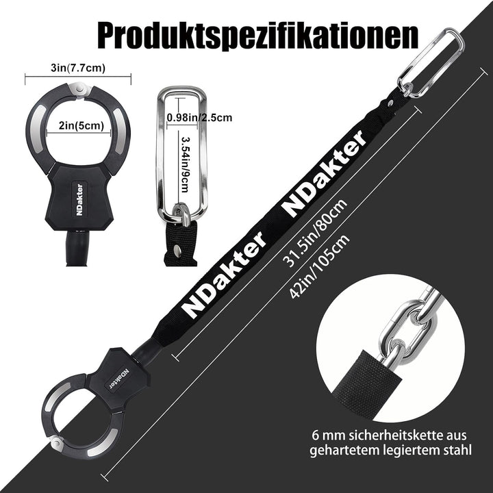NDakter E Scooter Schloss, Handschellenschloss 105cm, Leicht mit Schlüssel 107cm Long mit 6mm Kette,
