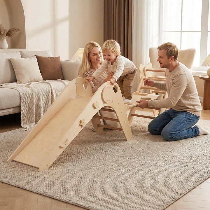 FANTASK Kletterdreiecke Indoor 3er Set, Klappbares Klettergerüst Holz mit Rutsche, Rampe & Kletterle