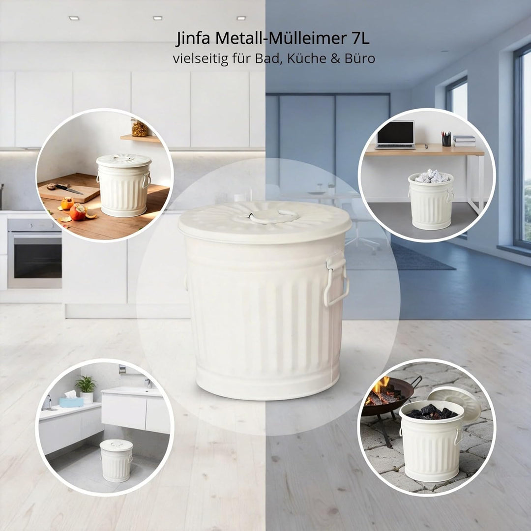 Jinfa Retrodesign kleiner Mülleimer mit deckel Ascheeimer Mülltonne | Mattweiss | Ø 21,5 cm, Höhe 21