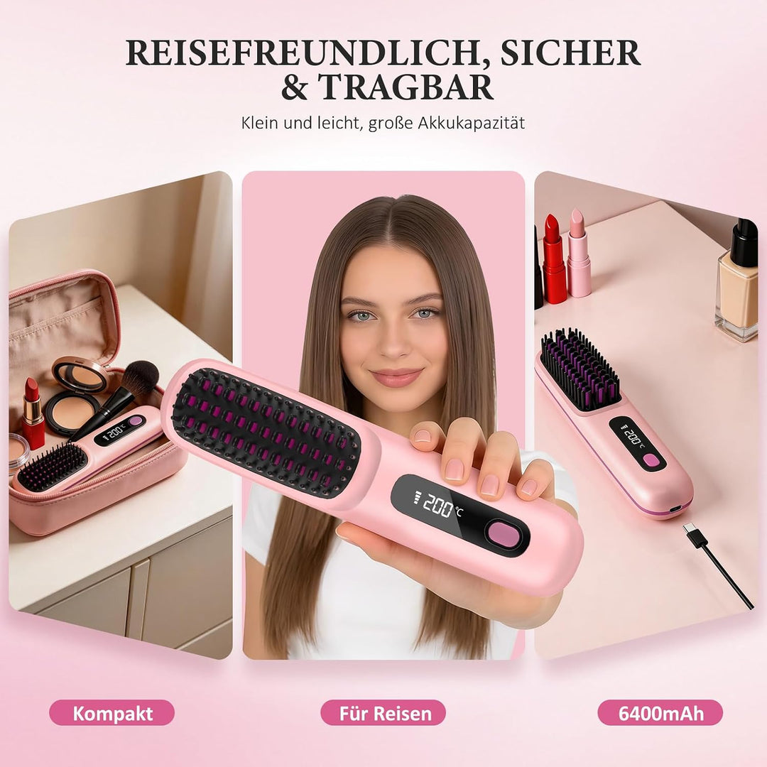 Go Brush Pro Glättbürste Kabellos, Stylingbürste für kurze Haare Langes, Glättungsbürste mit LCD-Anz