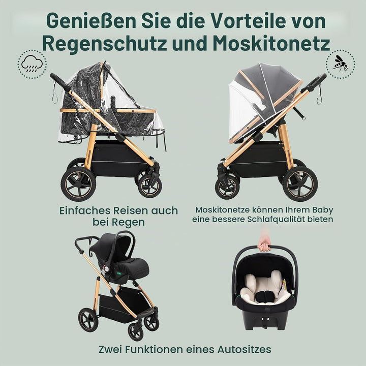 Kinderwagen 3 in 1, Kinderwagen &amp; Buggys mit Autositz mit verstellbarem Griff, Kinderwagen mit Fests