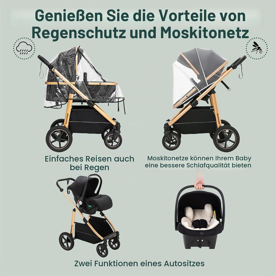 Kinderwagen 3 in 1, Kinderwagen &amp; Buggys mit Autositz mit verstellbarem Griff, Kinderwagen mit Fests