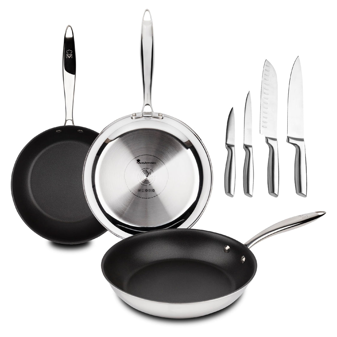 MasterPRO Argent 3 - Pfannen- und Messerset - Drei Hochleistungs-Edelstahlpfannen 28, 24 und 20 cm -