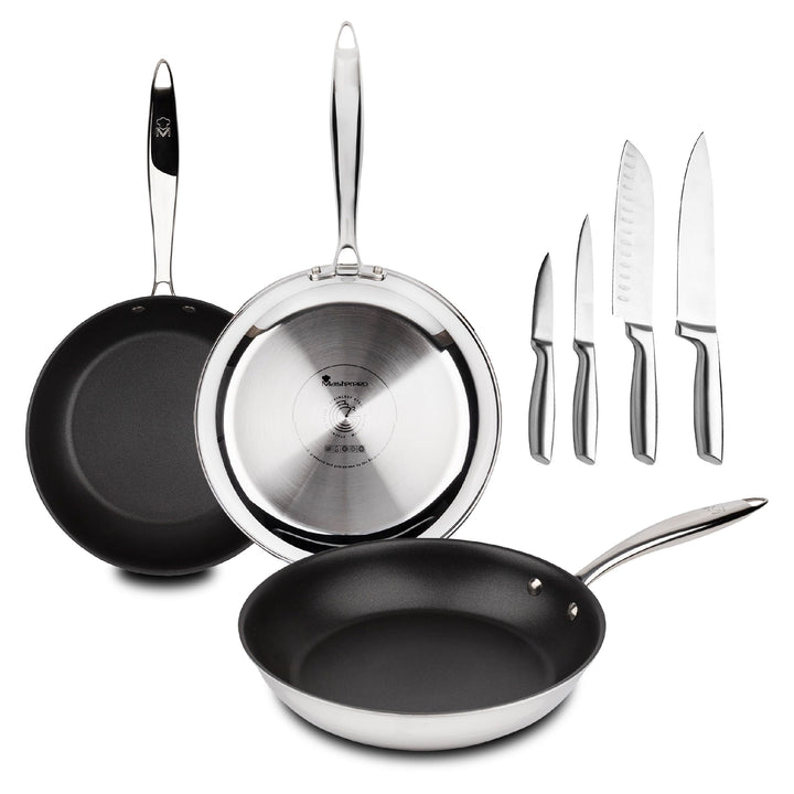 MasterPRO Argent 3 - Pfannen- und Messerset - Drei Hochleistungs-Edelstahlpfannen 28, 24 und 20 cm -