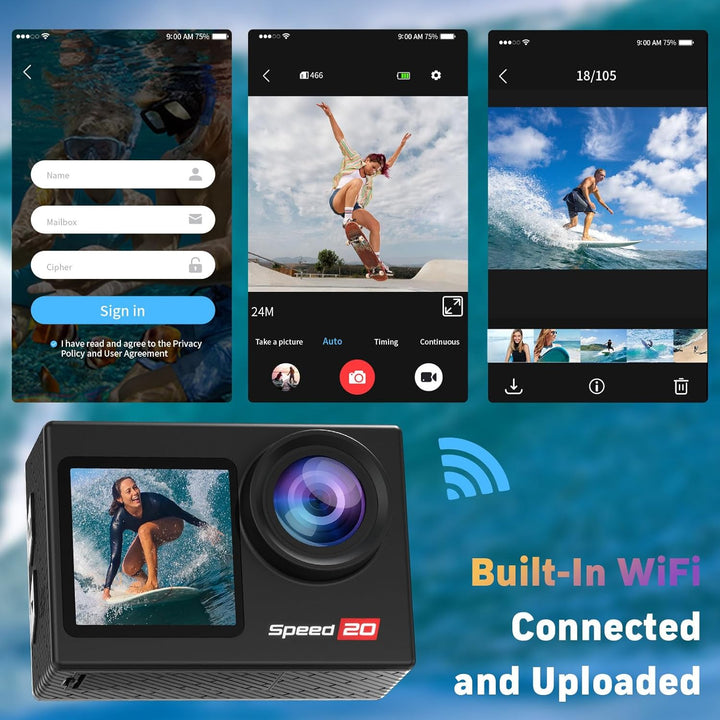 Speed 20 Action Cam 4K60FPS 40MP WiFi Unterwasserkamera 40M Wasserdicht Ultra HD Touchscreen Actionc