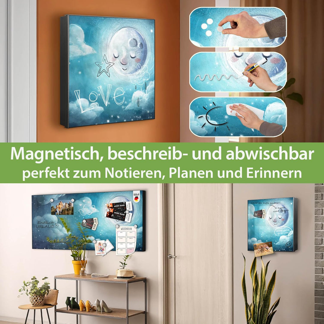 banjado® Grosser Schlüsselkasten Glas/Schlüsselbox 30cm x 30cm mit 50 Haken - Motiv schlafender Mond