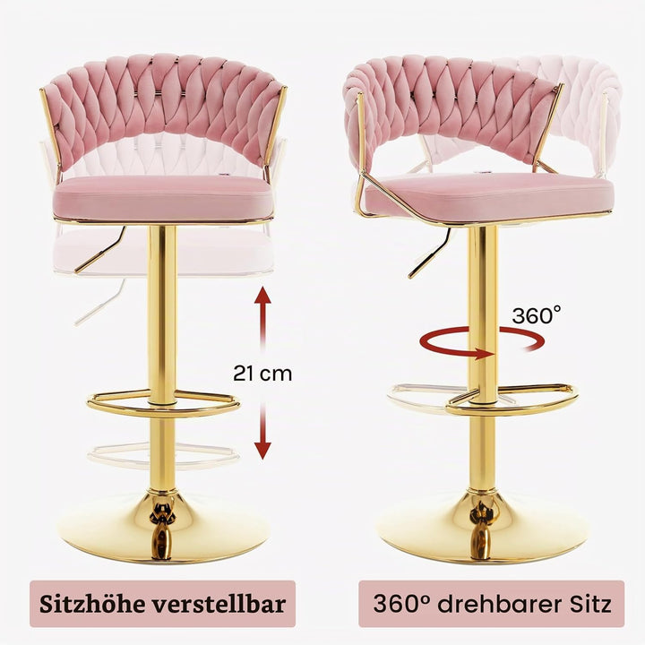 WOLTU Barhocker 2er Set, mit geflochtener Rückenlehne, Samthocker, Rosa | Barstuhl 360° drehbar, höh