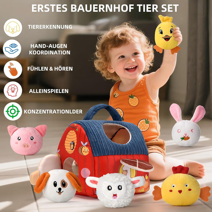 Montessori Baby Spielzeug ab 6 -12 Monate - Weiches Bauernhof-Set mit 6 Tieren, Rassel & Spiegel, Se