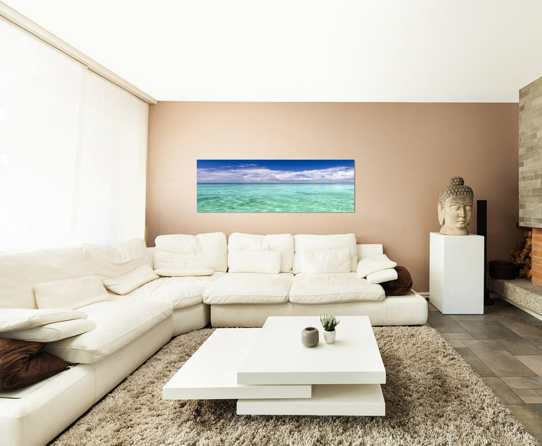 Paul Sinus Art Panoramabild auf Leinwand und Keilrahmen 150x50cm Strand Meer Lagune Wolken Horizont
