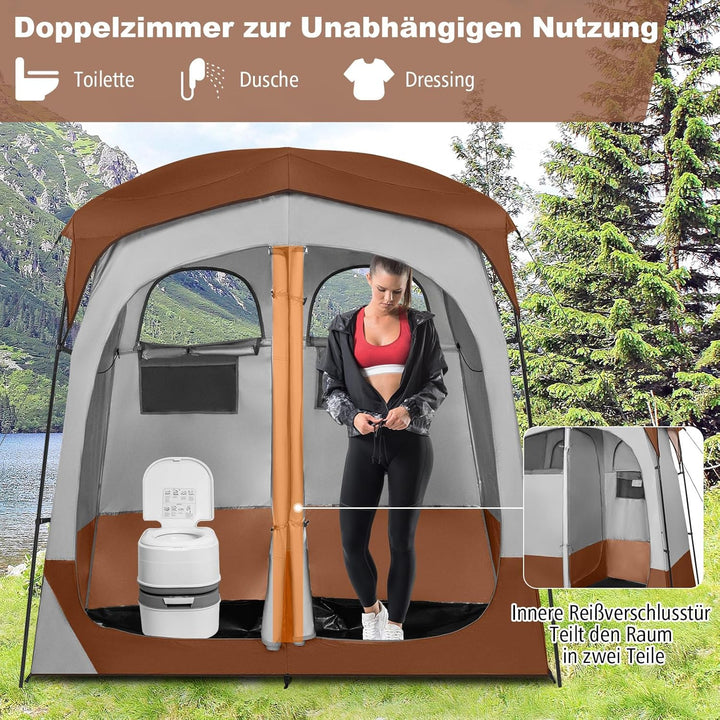 COSTWAY Duschzelt mit 2 Räumen, Umkleidezelt mit abnehmbarem Regenschutz, Innentasche, Wäscheleine &amp;
