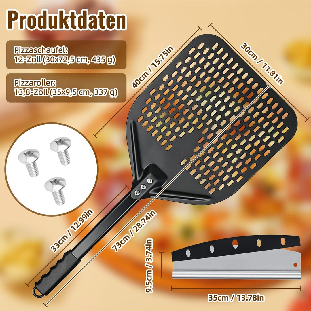 Pizzaschieber Perforiert 40 x 30 cm 12 Zoll mit Pizzamesser, Profi Pizzaschaufel Aluminium Set, 72.5