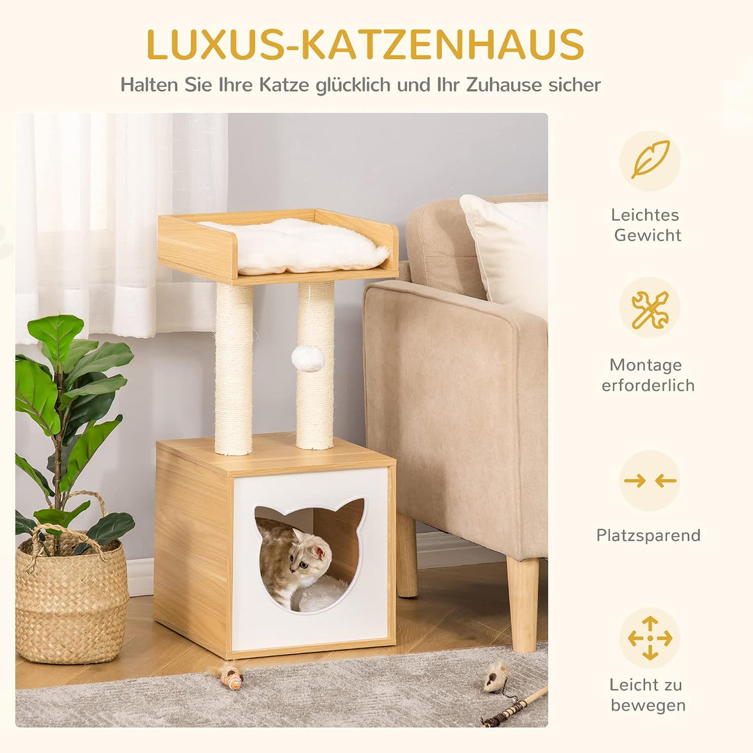 PawHut Katzenhöhle mit Waschbarem Kissen für Katzen 35 x 35 x 81 cm Eiche | Katzenbett, Plattform, K