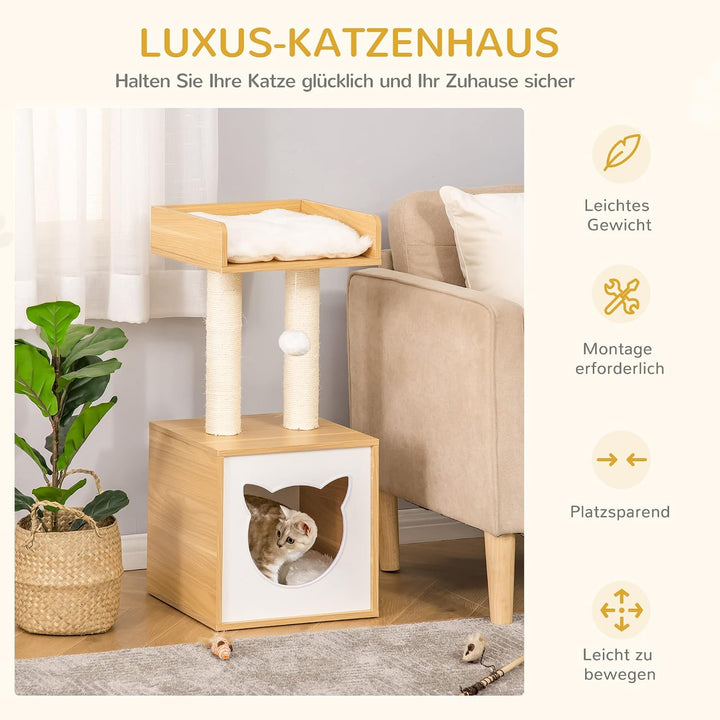 PawHut Katzenhöhle mit Waschbarem Kissen für Katzen 35 x 35 x 81 cm Eiche | Katzenbett, Plattform, K