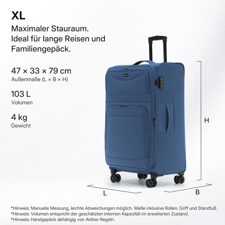 Stoffkoffer erweiterbar mit Frontfächern,15% Extra-Volumen, TSA-Schloss, 360° Doppelrollen & verdeck