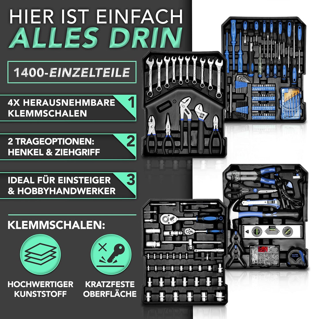 TRESKO Werkzeugkoffer 1400 teilig | Werkzeugkasten gefüllt | Werkzeugkiste Profi | Werkzeugtasche |