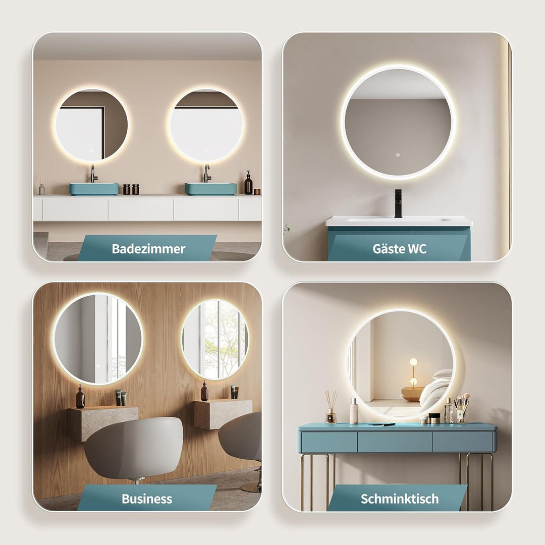 HOKO Design Badspiegel rund 60 cm Malaga mit Metall Rahmen Weiss. Runder Bad Wandspiegel LED beleuch