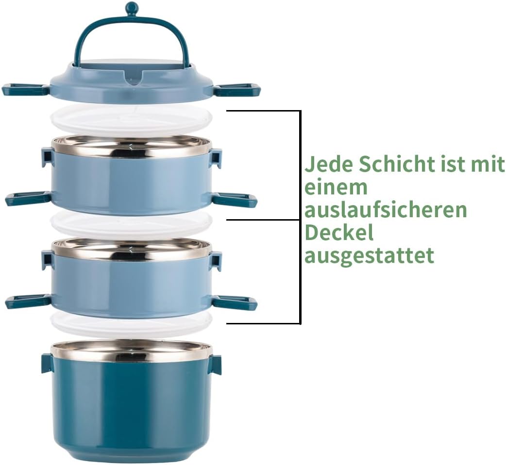 SANQIAHOME 3 Schichten Mehrschichtige stapelbare Edelstahl-Lunchbox,Auslaufsicher,blau Blau 3 Schich