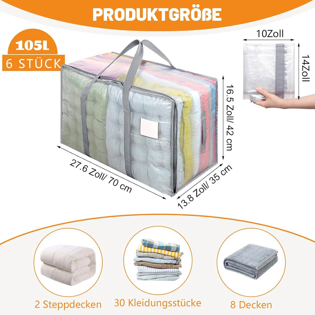 6 Stück 105L Grosse Aufbewahrungstasche mit Deckel, Faltbare Transparente Umzugskartons Gross mit Re