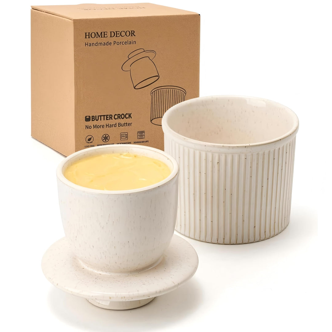 HOME DECOR Grosse Butterdose Keramik, Französische Butterdose mit Deckel, Streifen-Design Buttergloc