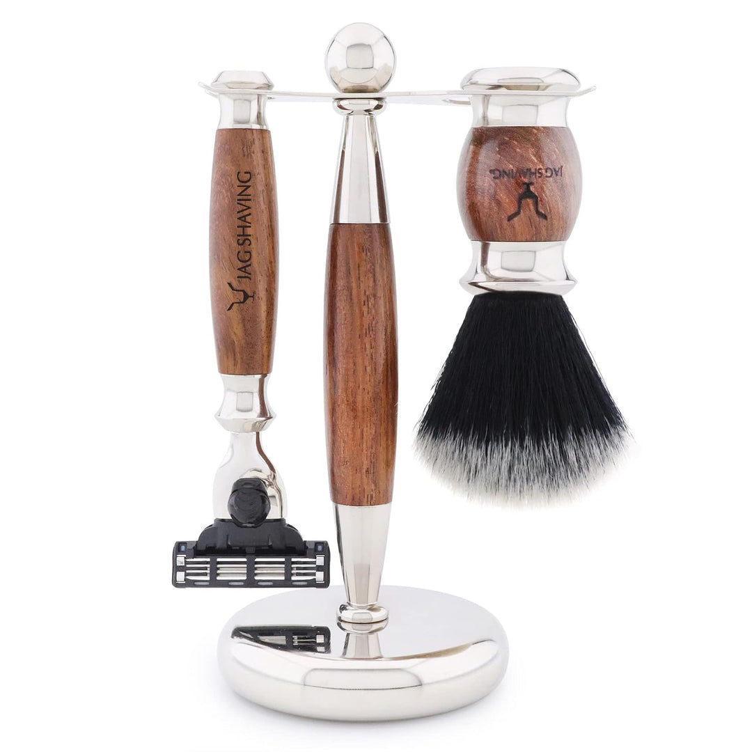 Jag Shaving Rasierset 4-in1 Rasierpinsel-Set – synthetisches Schwarz mit weisser Spitze – Rasiermess