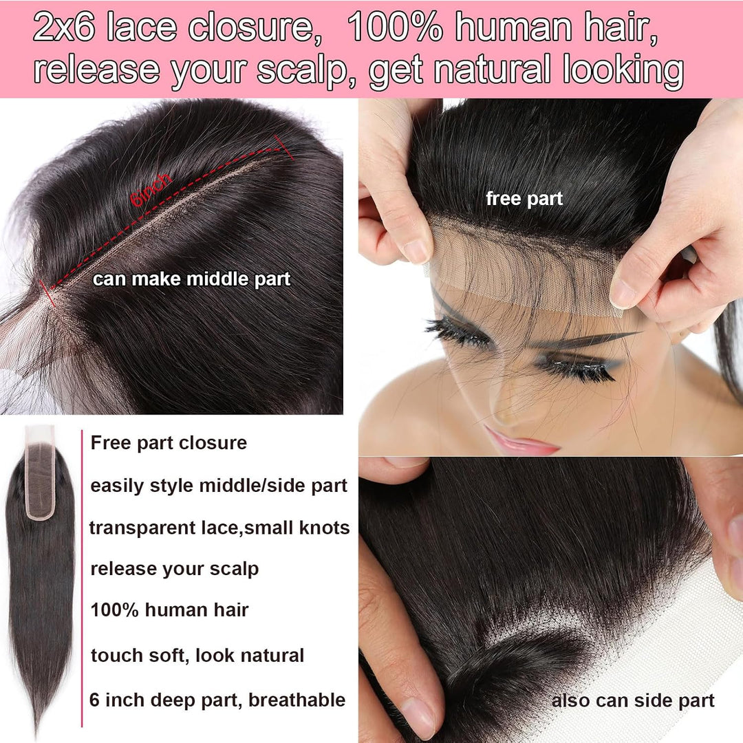 Huarisi 2x6 Closure Human Hair 12 Inch Brazilian Virgin Straight Free Part Closure with Baby Hair Sw