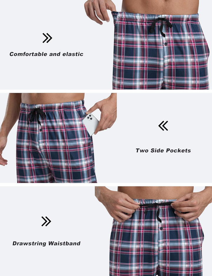 MoFiz Herren Schlafanzughose Baumwolle und Polyester Pyjamahose Lange Karierte Freizeithose Loungeho