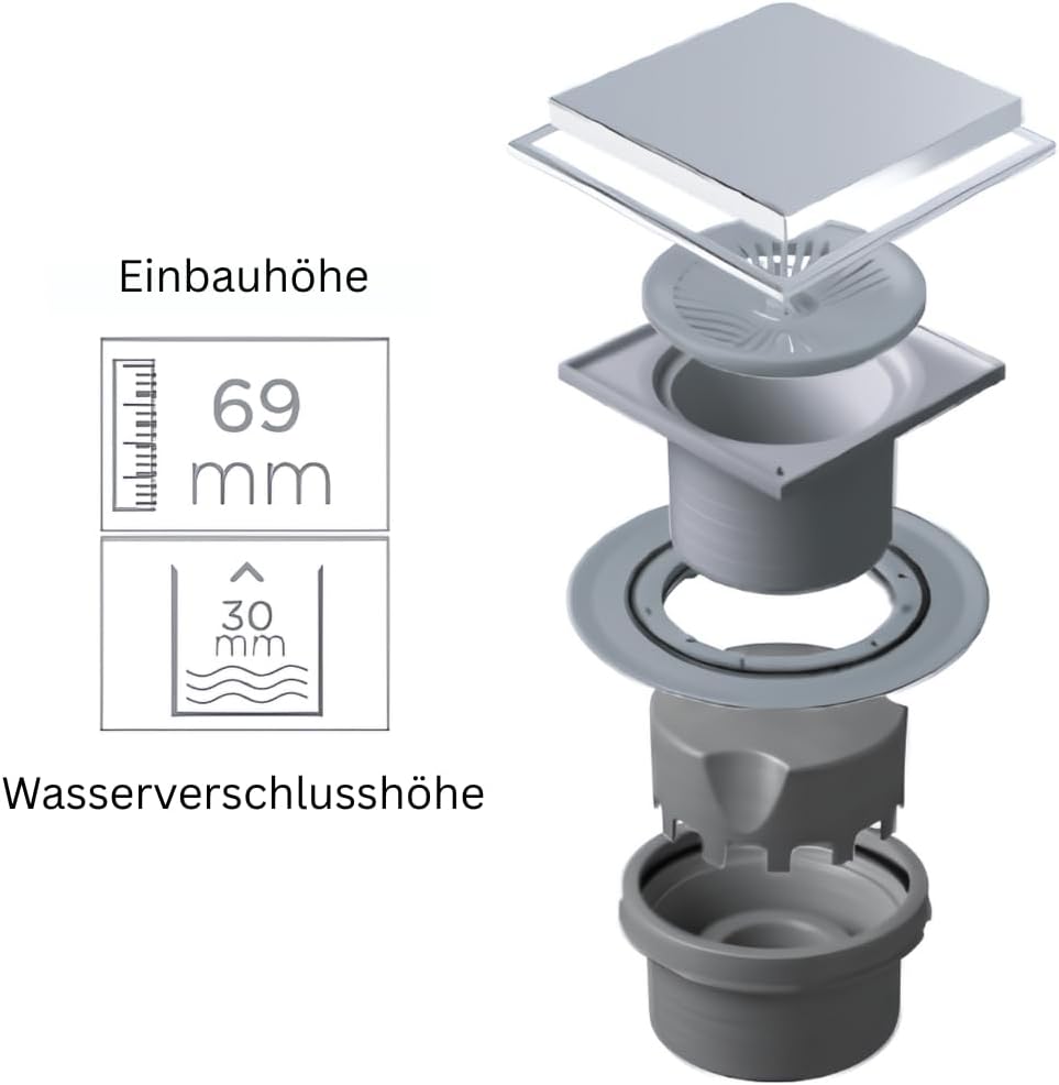 MD Technic – Confluo Bodenablauf 15x15 cm – wählbare Abdeckungen u. Ablaufgarnitur (Vertikal/Senkrec