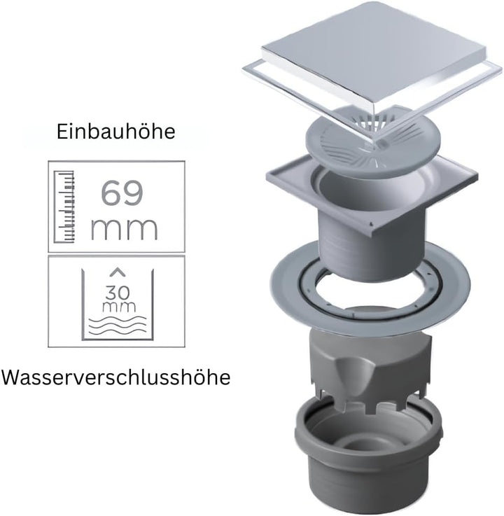 MD Technic – Confluo Bodenablauf 15x15 cm – wählbare Abdeckungen u. Ablaufgarnitur (Vertikal/Senkrec