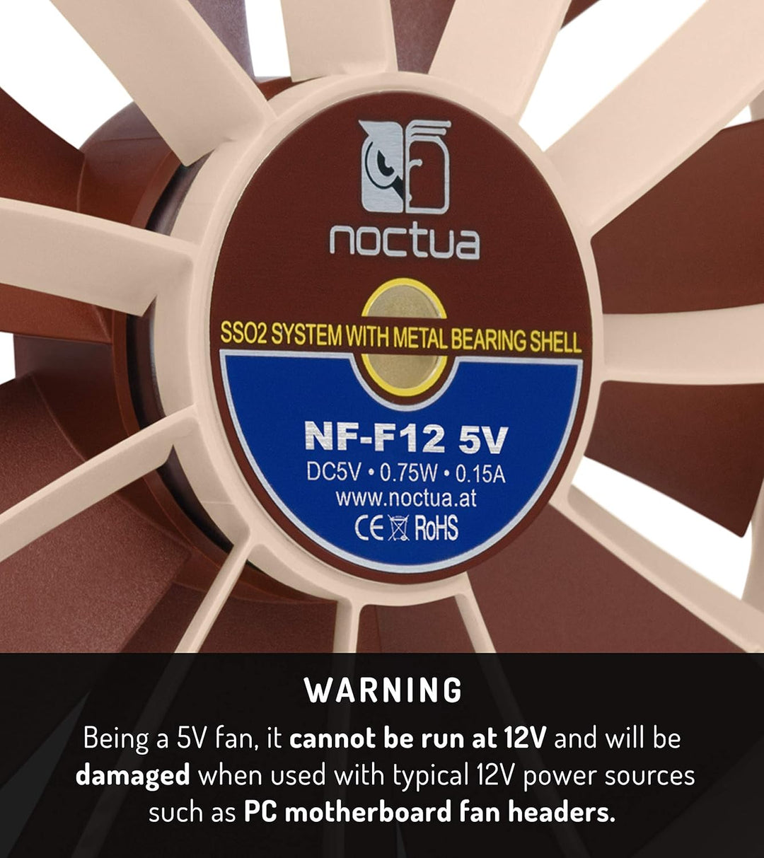 Noctua NF-F12 5V, Leiser Premium-Lüfter mit USB Stromadapterkabel, 3-Pin, 5V Version (120mm, Braun)