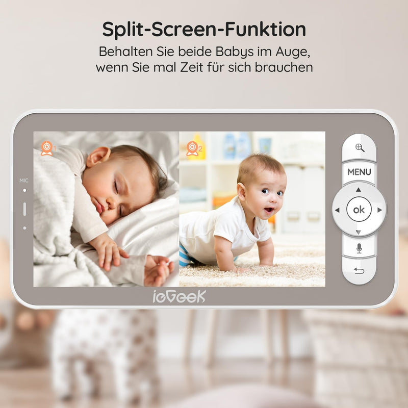 ieGeek Babyphone mit 2 Kamera [2K/3MP, 5 Zoll] WLAN Video Babyfon PTZ 355°, IR-Nachtsicht, Automatis