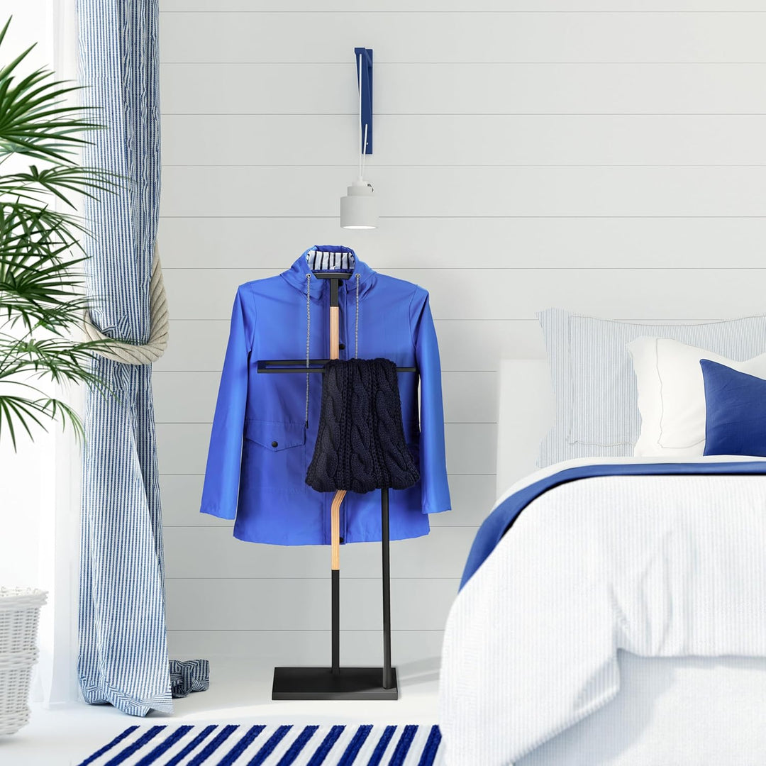 Relaxdays Herrendiener, Jackett & Hose, HBT 107x48x20 cm, Metall & Holzoptik, Stiller Diener Schlafz