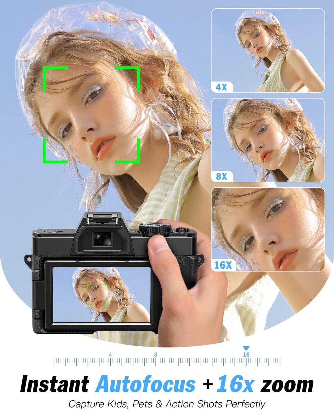 64MP 8K Digitalkamera mit drehbarem Display, 16X Digitalzoom, Autofokus, Anti-Shake, Kompaktkamera f