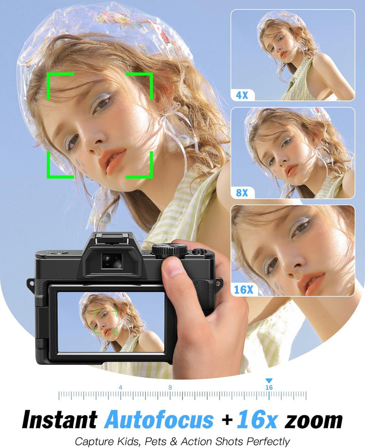 64MP 8K Digitalkamera mit drehbarem Display, 16X Digitalzoom, Autofokus, Anti-Shake, Kompaktkamera f