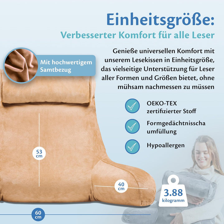 Ella Lesekissen für Bett und Sofa mit Abnehmbarer Nackenrolle - Rückenkissen Bett - Reading Pillow a