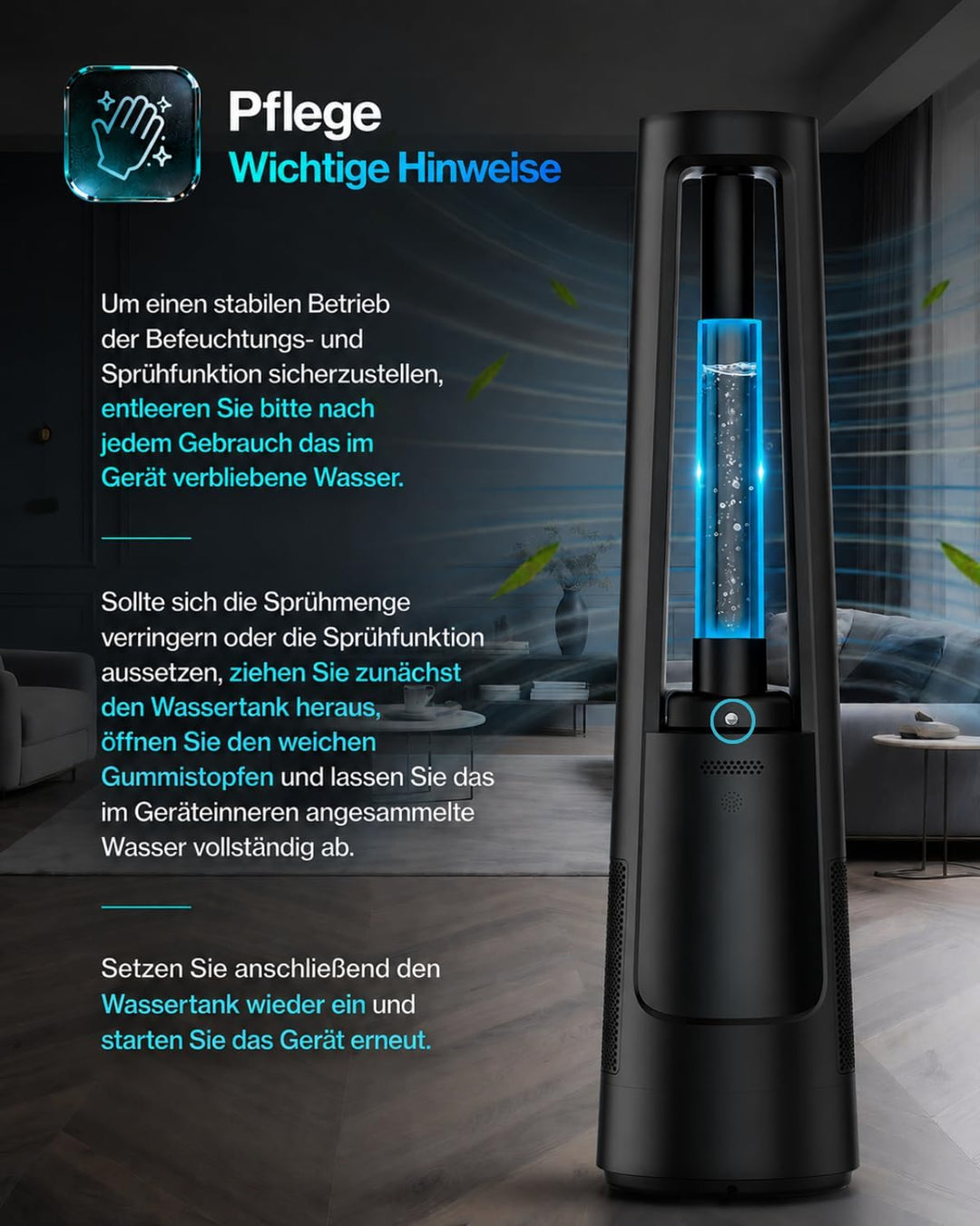 4-in-1 Leiser Turmventilator mit Wasserkühlung, Luftreiniger &amp; Beduften, Standventilator mit Befeuch
