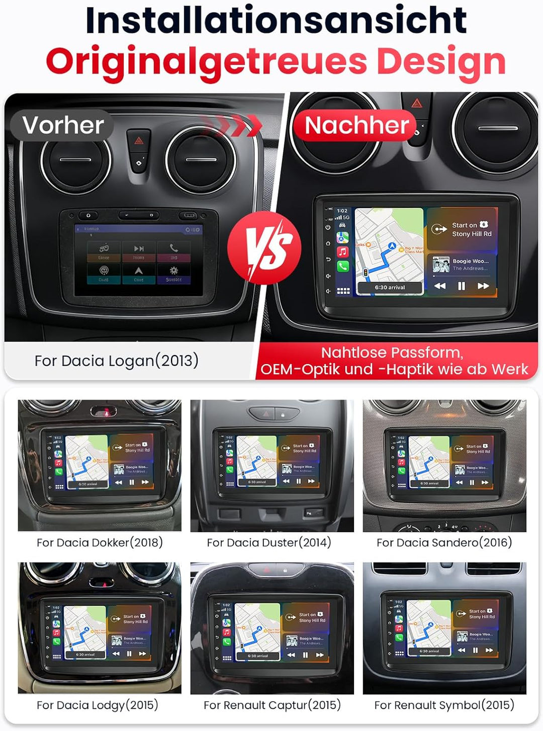 Doppel DIN Autoradio mit Bildschirm für Dacia Logan Duster, Renault Captur, Wireless CarPlay & Andro