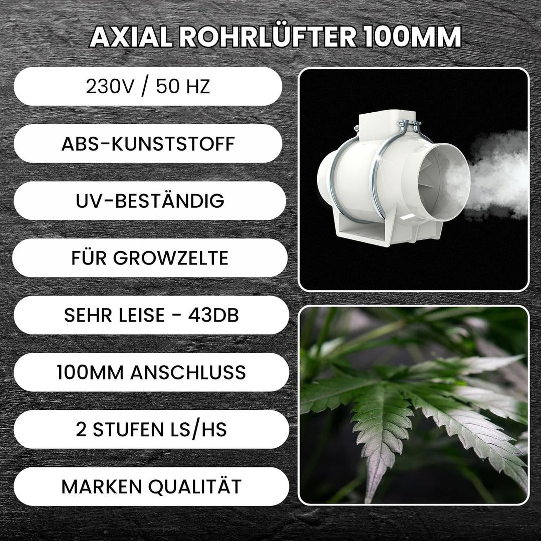 TronicXL Turbo Abluft Set Grow 100mm leise mit Aufhängung Belüftungsset für Growbox Aktivkohlefilter