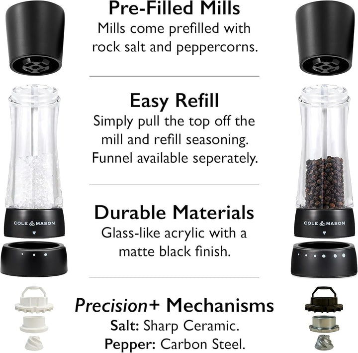 Cole & Mason Derwent Schwarz Salz und Pfeffermühle Set, Gewürzmühle, Einstellbarem Keramikmahlwerk,