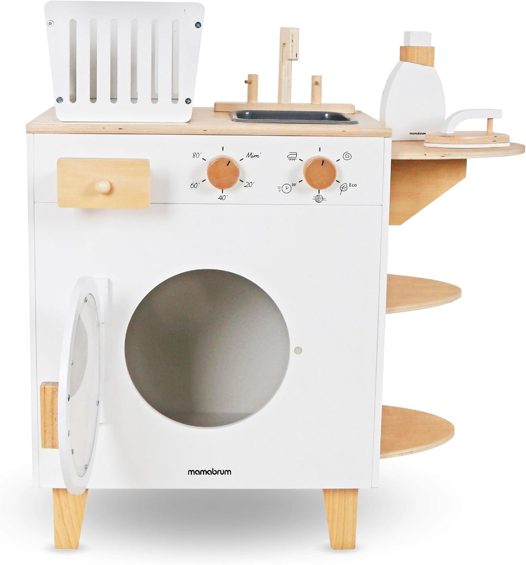 Mamabrum MAM163 Kinder-Waschmaschinen-Set aus Holz, Spielzeug-Einbauwaschmaschine mit Bügeleisen & W